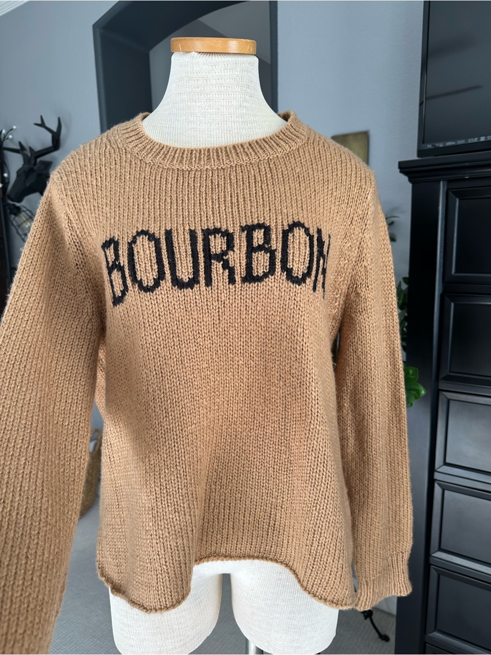 Wooden Ships Camel Crewneck Sweater with Black BOURBON Text size S/M - Picture 10 of 16